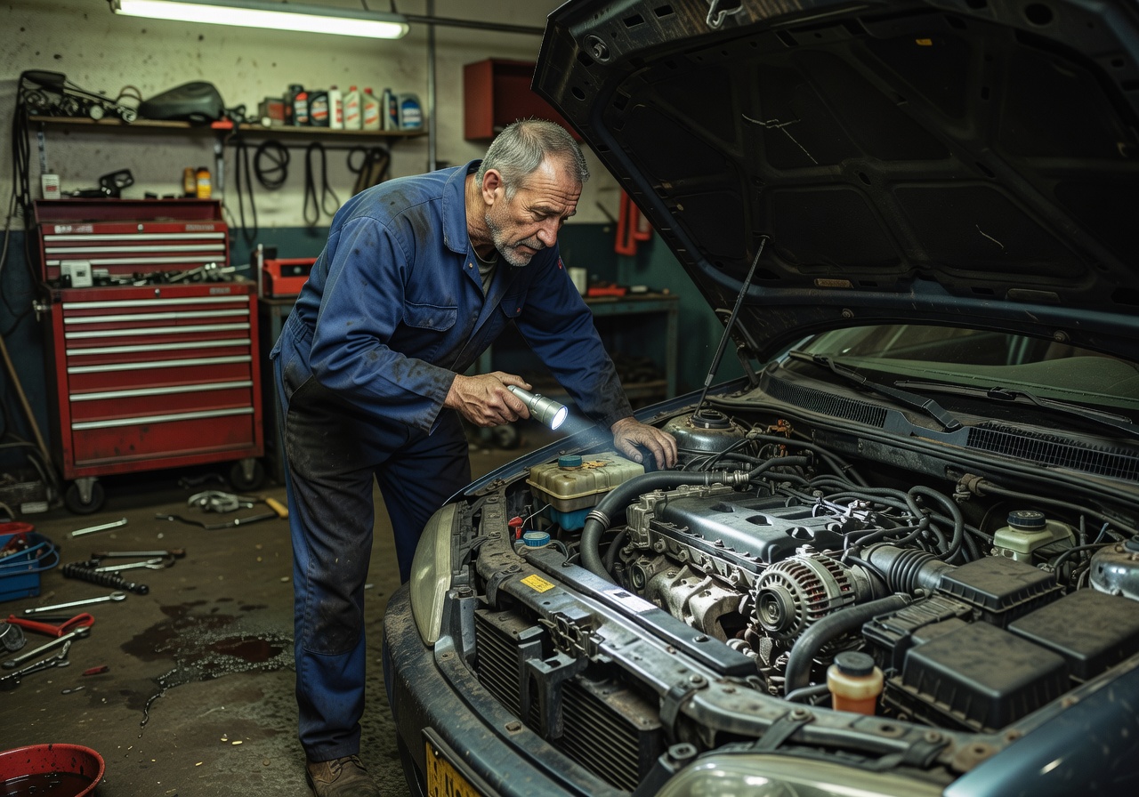 Mechanic inspecting under the hood of a car